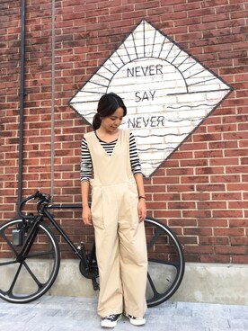 「アイテム（つなぎ/オールインワン、ベージュ系）」を使った、seekaさん（レディース・154cm）の夏コーディネート