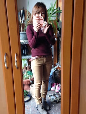 「HERE'S（HERE'S）のアイテム（ニット/セーター、レッド系）」を使った、みこさん（レディース・149cm）の秋コーディネート