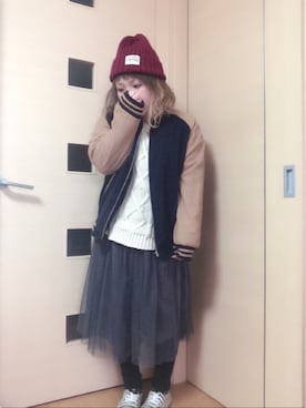 「ケーブルニット」｜「アイテム（スタジャン）」を使った、ゆいべさん（レディース・148cm）の冬コーディネート