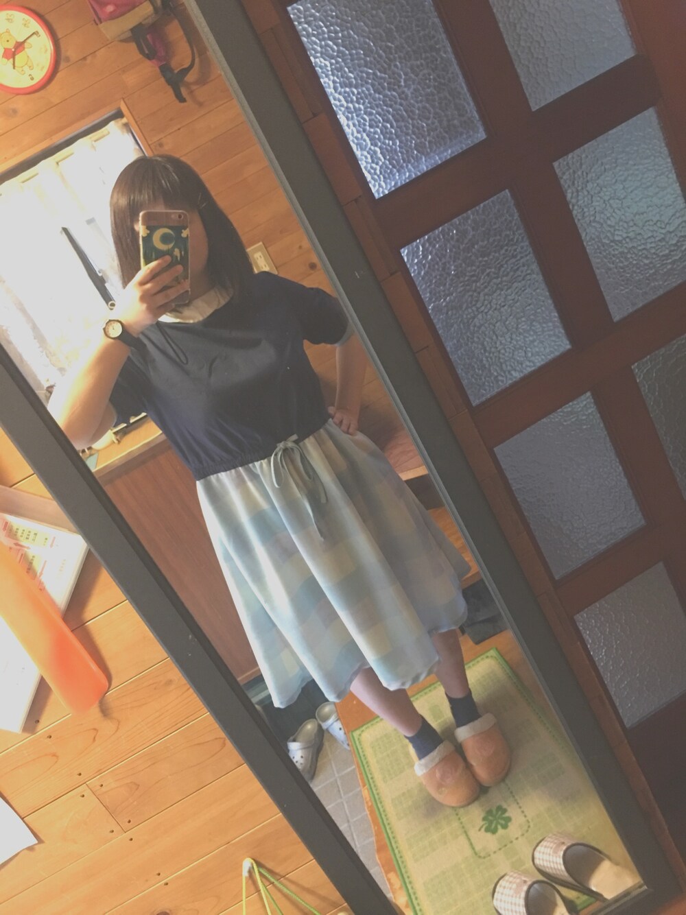 「チェックワンピース、ゆるコーデ、コラボ」｜「RAY CASSINのアイテム（ワンピース、ブルー系）」を使った、ゆんぱんださん（レディース・154cm）の春コーディネートの1枚目の写真