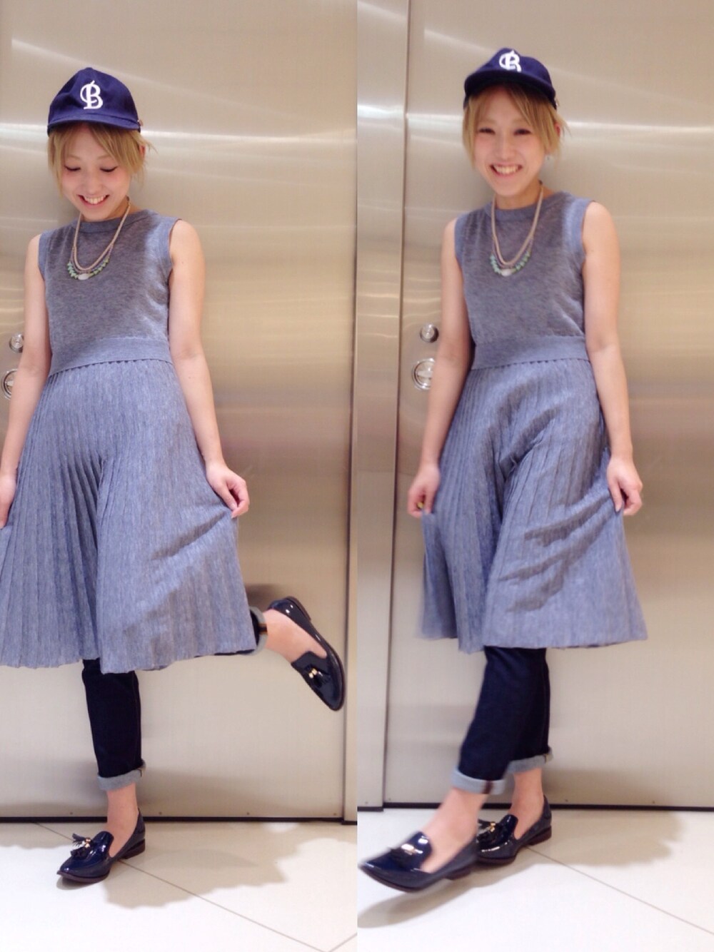 ブルー系のワンピース、ブルー系のデニムパンツを着用したレディースの冬コーディネートの1枚目の写真