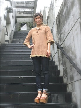 「アイテム（その他トップス、ブラウン系）」を使った、MANYさん（レディース・158cm）の夏コーディネート