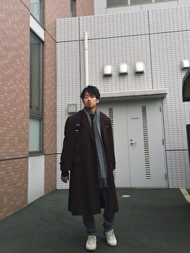 「sunsea」｜「アイテム（チェスターコート）」を使った、マロポッポ軍曹さん（メンズ・173cm）の冬コーディネート