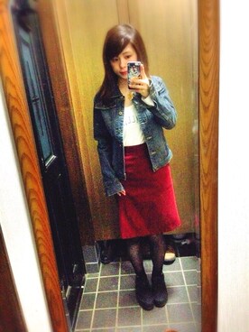 「わからんのデニムジャケ
そでが長いのよ(*^^*♡（デニムジャケット、ブルー系）」を使った、でかマイさん（レディース・160cm）の秋コーディネート