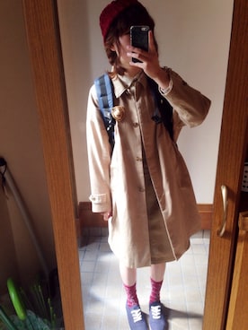 「ニットキャップ」｜「アイテム（ステンカラーコート）」を使った、ふかみさん（レディース・158cm）の春コーディネート