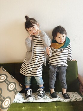 「H&M（エイチ・アンド・エム）のアイテム（モカシン/デッキシューズ）」を使った、echaさん（キッズ・100cm）の冬コーディネート
