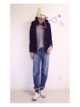 「ボーイフレンドデニム」｜「アイテム（ダッフルコート）」を使った、fuumiiさん（レディース・170cm）の秋コーディネート