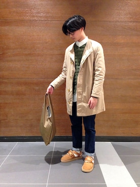 「BEAMS（ビームス）のアイテム（ノーカラージャケット）」を使った、王脩育さん（メンズ・175cm）の冬コーディネート