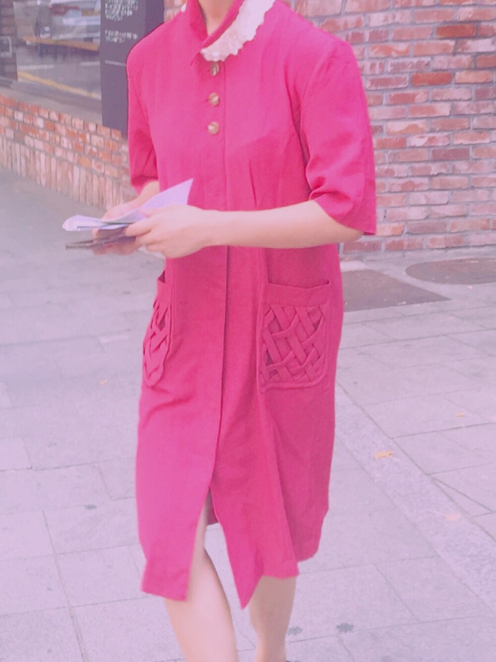 「ootd、outfit、summer、pink、onepiece、ピンク、ワンピース、夏」｜「no brandのアイテム（ワンピース、ピンク系）」を使った、よよちゃんさん（レディース・163cm）の秋コーディネートの1枚目の写真