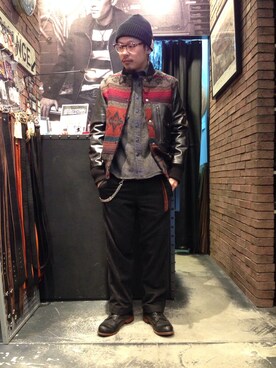 「柄×柄」｜「アイテム（ライダースジャケット）」を使った、Junpeiさん（メンズ・166cm）の冬コーディネート
