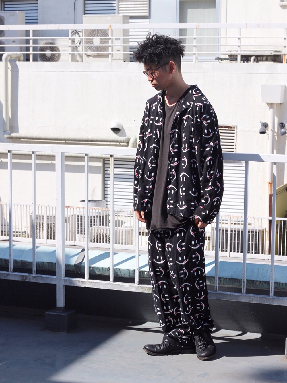 「Epic.、SET UP、パジャマ、秋」｜「used clothingのアイテム（セットアップ、ブラック系）」を使った、まちゃち@Epic.さん（メンズ・170cm）の夏コーディネートの1枚目の写真