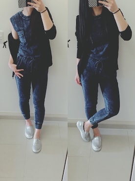「GU（ジーユー）のアイテム（つなぎ/オールインワン）」を使った、ellynkn425さん（レディース・159cm）の春コーディネート