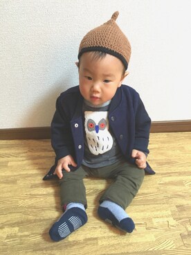「赤ちゃん」｜「アイテム（ノーカラージャケット）」を使った、Minato★さん（キッズ・70cm）の冬コーディネート