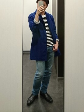 「ブルーコーデ」｜「アイテム（ステンカラーコート）」を使った、亮さん（メンズ・168cm）の春コーディネート