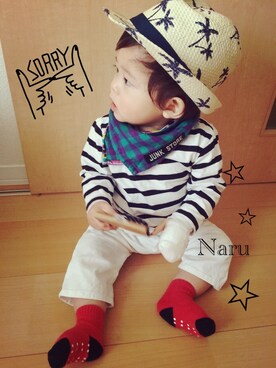 「H&M（エイチ・アンド・エム）のアイテム（ハット）」を使った、Naru🌳さん（キッズ・70cm）の春コーディネート