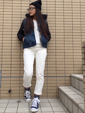 「アイテム（デニムジャケット）」を使った、Lica Iwataさん（レディース・160cm・20代）の春コーディネート