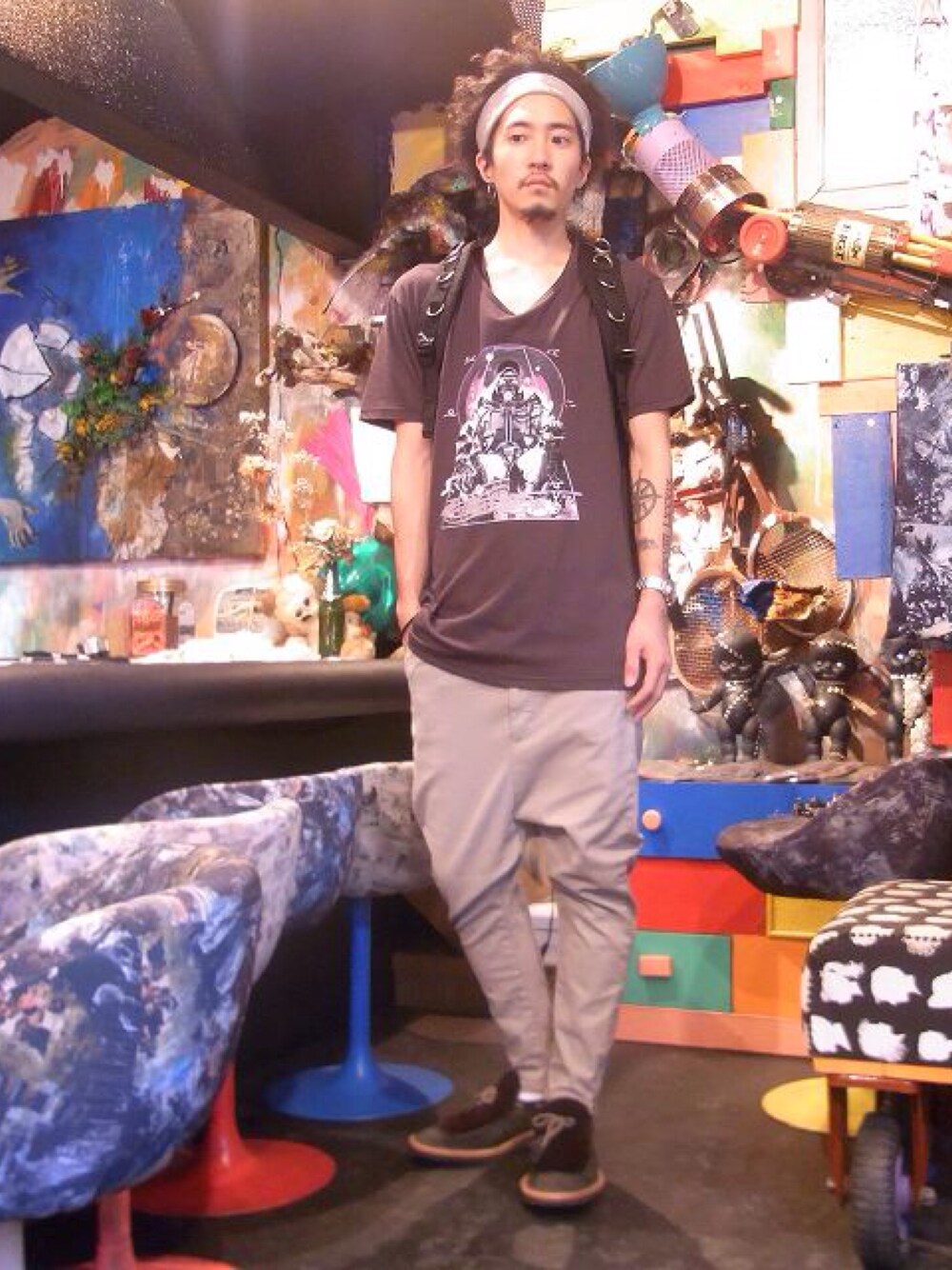 「MACARONIC、STOF、STORAMA、JUCO.、elephant TRIBAL fabrics」｜「elephantTRIBALfabricsのアイテム（バックパック/リュック、ブラック系）」を使った、staffさん（メンズ・172cm）の夏コーディネートの1枚目の写真