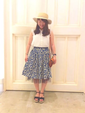「ASZAKKA（アザッカ）の（ZU0412）ﾚｰｼｰ♪ｶﾝｶﾝ帽（ハット、ベージュ系）」を使った、Rioさん（レディース・158cm）の夏コーディネート