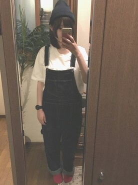 「ポケットＴシャツ」｜「アイテム（サロペット/オーバーオール）」を使った、しきさん（レディース・154cm）の夏コーディネート