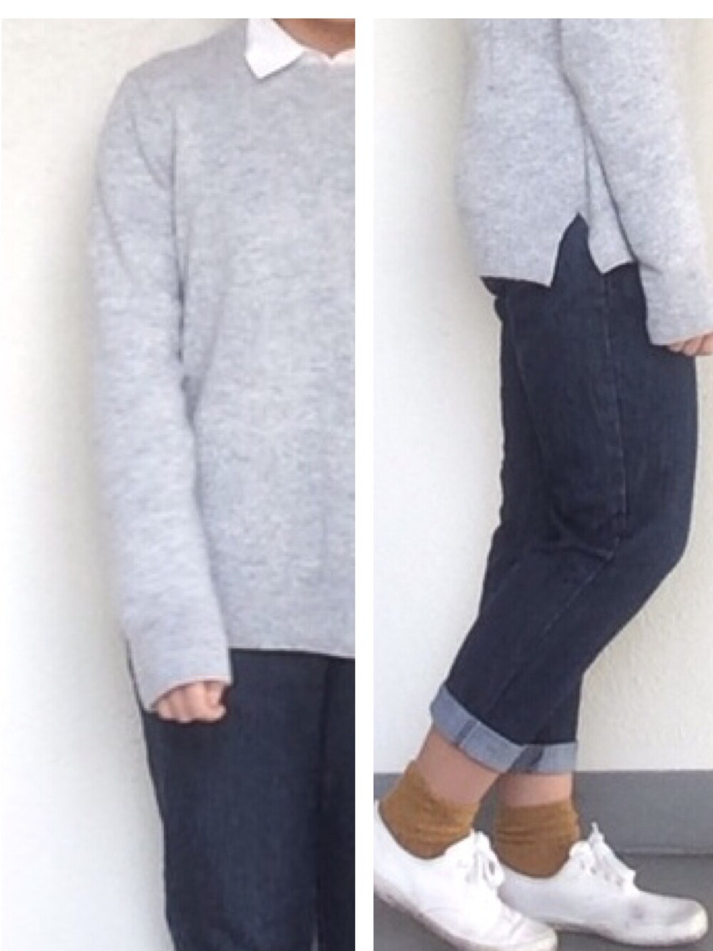 「2014年、ラストWEAR、ニット、ニット×シャツ」｜「LOWRYS FARMのキャンバススニーカー 547713（スニーカー、ホワイト系）」を使った、nanaتさん（レディース・154cm）の冬コーディネートの1枚目の写真