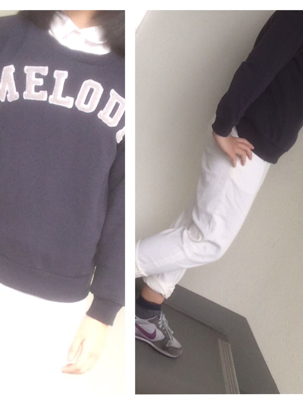 「スウェット×シャツ、白パンツ、白シャツ」｜「白ボトムス（その他パンツ、ホワイト系）」を使った、nanaتさん（レディース・154cm）の冬コーディネートの1枚目の写真