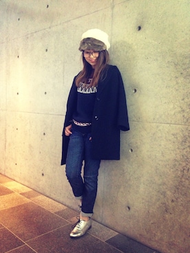 「カウチンセーター」｜「アイテム（チェスターコート）」を使った、Sawakoさん（レディース・157cm）の冬コーディネート