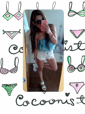 「アイテム（チューブトップ、ブルー系）」を使った、hさん（レディース・157cm）の夏コーディネート