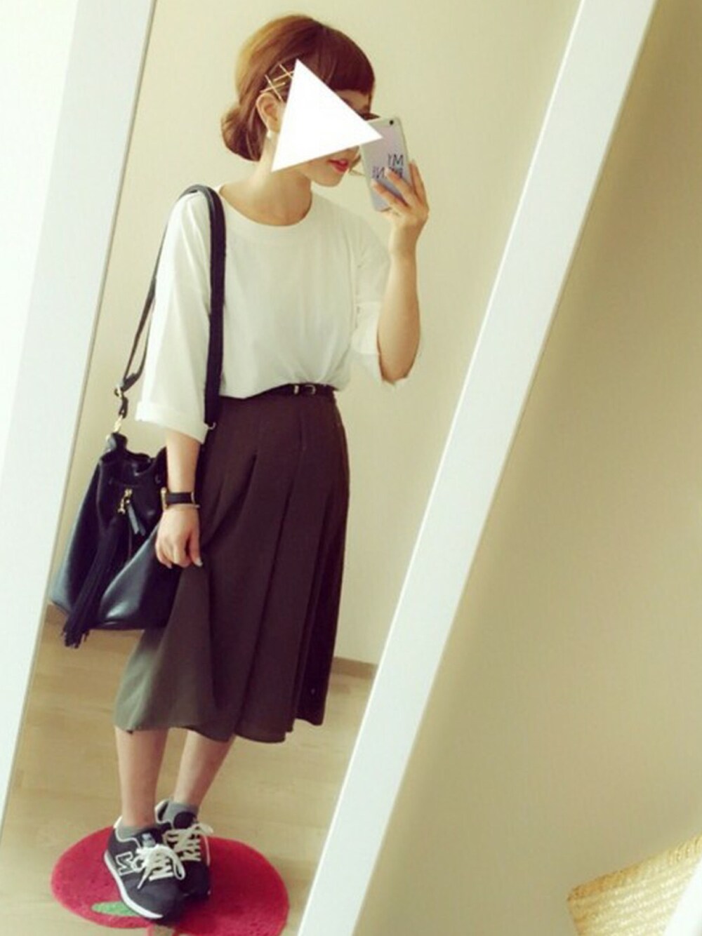 「シンプル、ニューバランス、カーキ、ガウチョパンツ、フリンジバッグ、ドラ泣き」｜「LOWRYS FARMのＵＳＡコットンＢＩＧＴシャツ6分袖　567493（Tシャツ/カットソー、ホワイト系）」を使った、chocoさん（レディース・153cm）の夏コーディネートの1枚目の写真