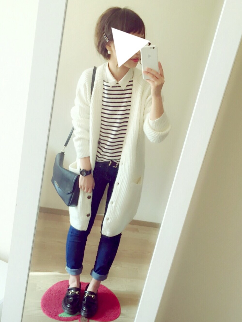 「ボーダー、GU、ロングカーディガン、冬マリン」｜「UNIQLOのWOMEN ボーダーボートネックT（長袖）A（Tシャツ/カットソー、ホワイト系）」を使った、chocoさん（レディース・153cm）の冬コーディネートの1枚目の写真