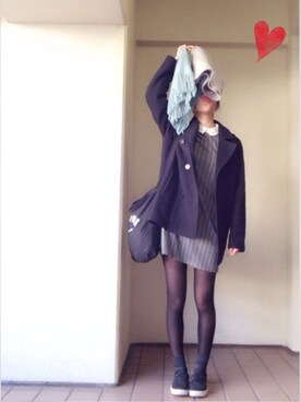 「ストライプワンピース」｜「アイテム（ピーコート）」を使った、Sioriさん（レディース・164cm）の冬コーディネート