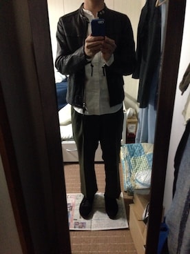 「BEAUTY&YOUTH UNITED ARROWS（ビューティーアンドユースユナイテッドアローズ）のby∴ ゴート シングル ライダース◆§（ライダースジャケット、ブラック系）」を使った、たっきさん（メンズ・175cm）の秋コーディネート