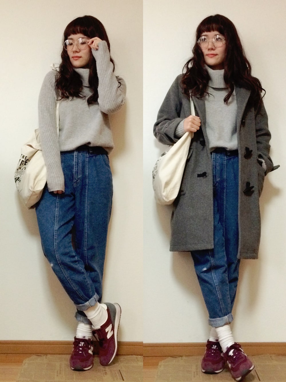 グレー系のダッフルコート、ブルー系のデニムパンツを着用したレディースの冬コーディネートの1枚目の写真