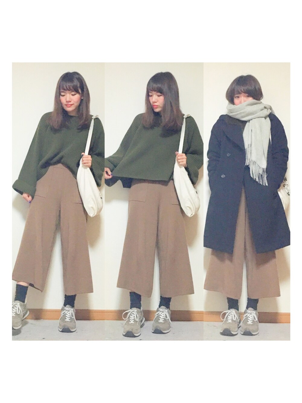 「ニット、ニットパンツ、ガウチョパンツ、トートバッグ、ニューバランス」｜「NANO universeのニット×ワイドロングパンツセット（ワンピース、グリーン系）」を使った、かほこ。さん（レディース・161cm）の冬コーディネートの1枚目の写真