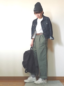 「ボーダーソックス」｜「アイテム（ニットキャップ/ビーニー）」を使った、かほこ。さん（レディース・161cm）の春コーディネート