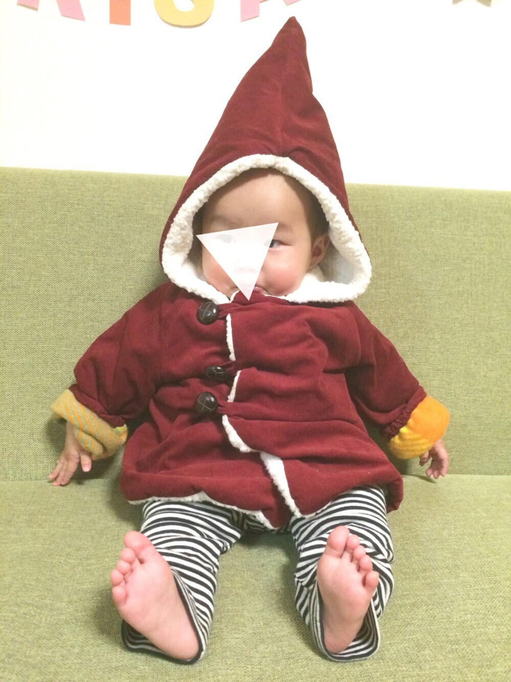 「女の子、小人コート、ハンドメイド、babygap、ボーダー」｜「Handmadeのアイテム（ジャケット/アウター、レッド系）」を使った、Lemocoさん（キッズ・60cm）の冬コーディネートの1枚目の写真