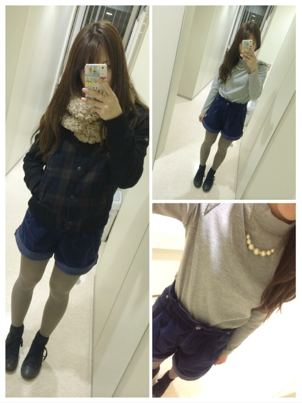 「カジュアル、チェック、ブルゾン、タートルネック、コーデュロイパンツ、パールネックレス、ハイカットスニーカー、RETRO GIRL、Heather、converse」｜「LE TiROiR de DRESSTERIORのウール混チェックブルゾン（ブルゾン、ブラウン系）」を使った、mikiさん（レディース・151cm）の秋コーディネートの1枚目の写真