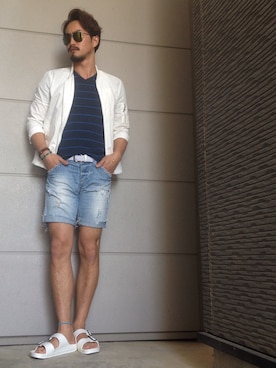 「ティアドロップサングラス」｜「アイテム（その他アウター）」を使った、YASUさん（メンズ・182cm）の春コーディネート