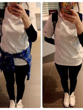 「Champion（チャンピオン）のアイテム（Tシャツ/カットソー、ホワイト系）」を使った、mayuさん（レディース・156cm）の夏コーディネート