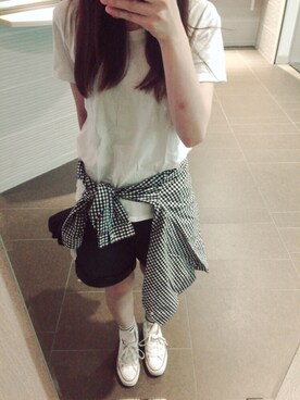 「UNIQLO（ユニクロ）のアイテム（シャツ/ブラウス、ブラック系）」を使った、mayuさん（レディース・156cm）の夏コーディネート