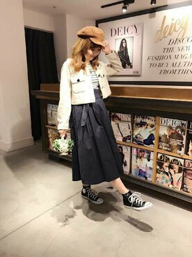 「オフホワイト」｜「アイテム（ノーカラージャケット）」を使った、DEICYさん（レディース・159cm）の冬コーディネート