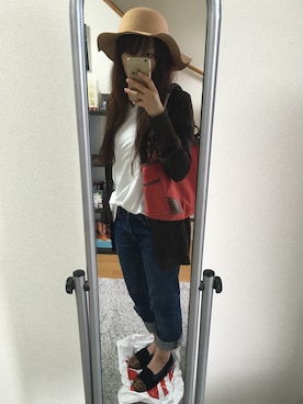 「BURBERRY BLUE LABEL（バーバリーブルーレーベル）のアイテム（トートバッグ、レッド系）」を使った、Erioさん（レディース・157cm）の秋コーディネート