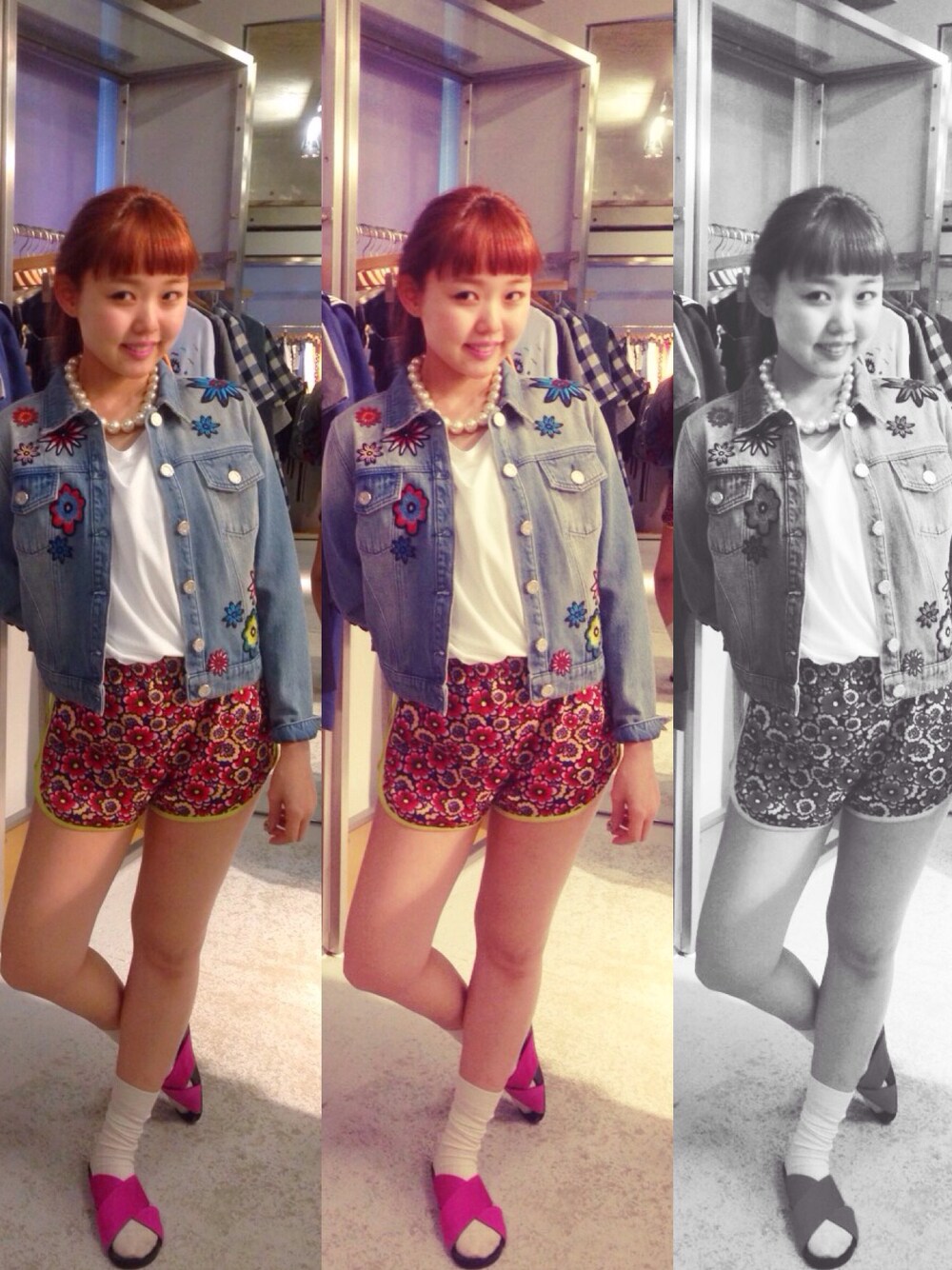 「Ray BEAMS、HOUSE OF HOLLAND、フラワープリント、イエロー、ピンク、デニム、ホワイトソックス」｜「Ray BEAMSのRay BEAMS / アシメヘム ラップT（Tシャツ/カットソー、ホワイト系）」を使った、SAKKOさん（レディース・165cm）の春コーディネートの1枚目の写真