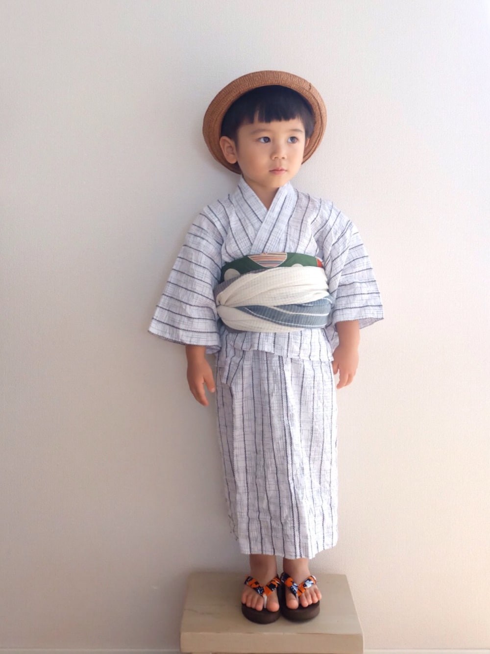 「浴衣、浴衣男子、3歳、花火大会、100均小物、おとこのこ」｜「DAISOのアイテム（帽子、ブラウン系）」を使った、nrmm2さん（キッズ・90cm）の夏コーディネートの1枚目の写真