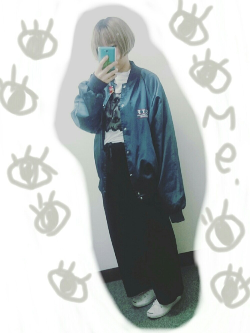 「秋のコーデ、古着、古着MIX、ジャックパーセル、目、eyes、used、niko and ...、WEGO、jack purcell」｜「WEGOのWEGO/ベロアワイドパンツ（その他パンツ、ブラック系）」を使った、ちろるさん（レディース・162cm）の秋コーディネートの1枚目の写真