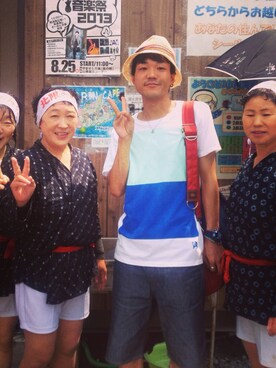 「my panda（マイパンダ）の2tone Tee（Tシャツ/カットソー、ブルー系）」を使った、のりのりおさん（メンズ・172cm）の秋コーディネート