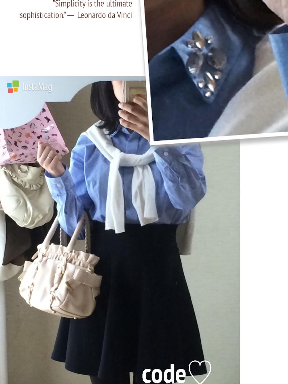 「GU、ビジューシャツ、ビジュー、フレアスカート、肩掛けカーデ、Samantha Thavasa、ママコーデ、ブラウス、神戸レタス、レギンス」｜「GUのアイテム（シャツ/ブラウス、ブルー系）」を使った、marchさん（レディース・150cm）の秋コーディネートの1枚目の写真