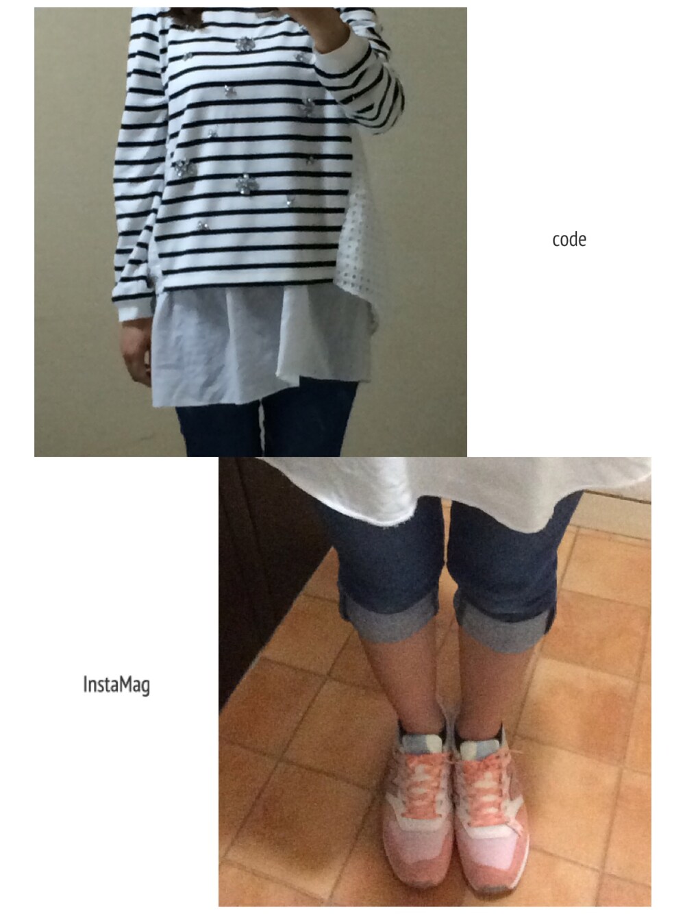 「tocco、ビジュー、スニーカー、ママコーデ」｜「toccoのアイテム（Tシャツ/カットソー、ホワイト系）」を使った、marchさん（レディース・150cm）の春コーディネートの1枚目の写真