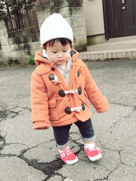 「アイテム（ダッフルコート、オレンジ系）」を使った、ririnncoさん（キッズ・80cm）の秋コーディネート