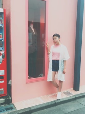 「jouetie（ジュエティ）の半袖ちびニット（ニット/セーター、ピンク系）」を使った、nakamura  shiorlさん（レディース・157cm）の夏コーディネート