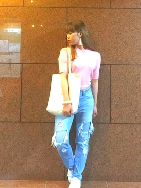 「X-girl（エックスガール）の【mini掲載】Larry Clark TOTE BAG /バッグ/トート/ラリー・クラーク/KIDS/キッズ/写真家/フォトグラファー/映画（トートバッグ、ホワイト系）」を使った、nakamura  shiorlさん（レディース・157cm）の夏コーディネート